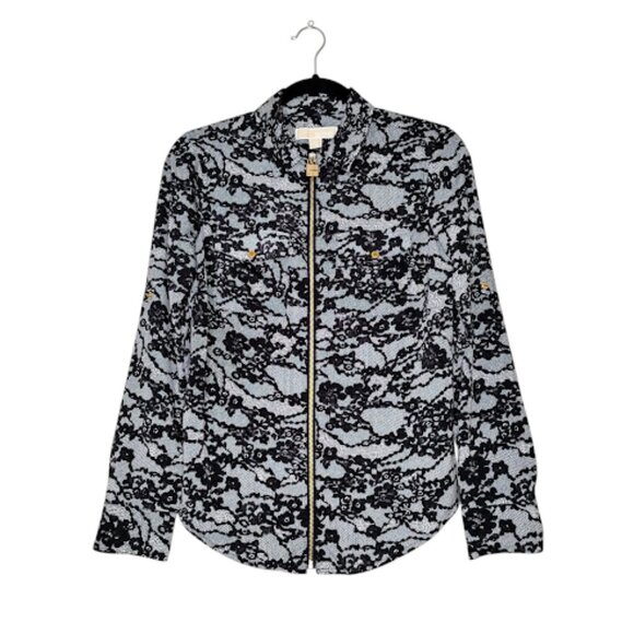 MICHAEL KORS 3/4 Roll Sleeve Floral Lace Pattern Zip Up Gold Detail Blouse XS - Picture 1 of 15